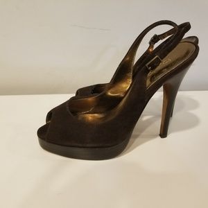 BeBe Brown Suede Platform Slingback Open Toe Shoe